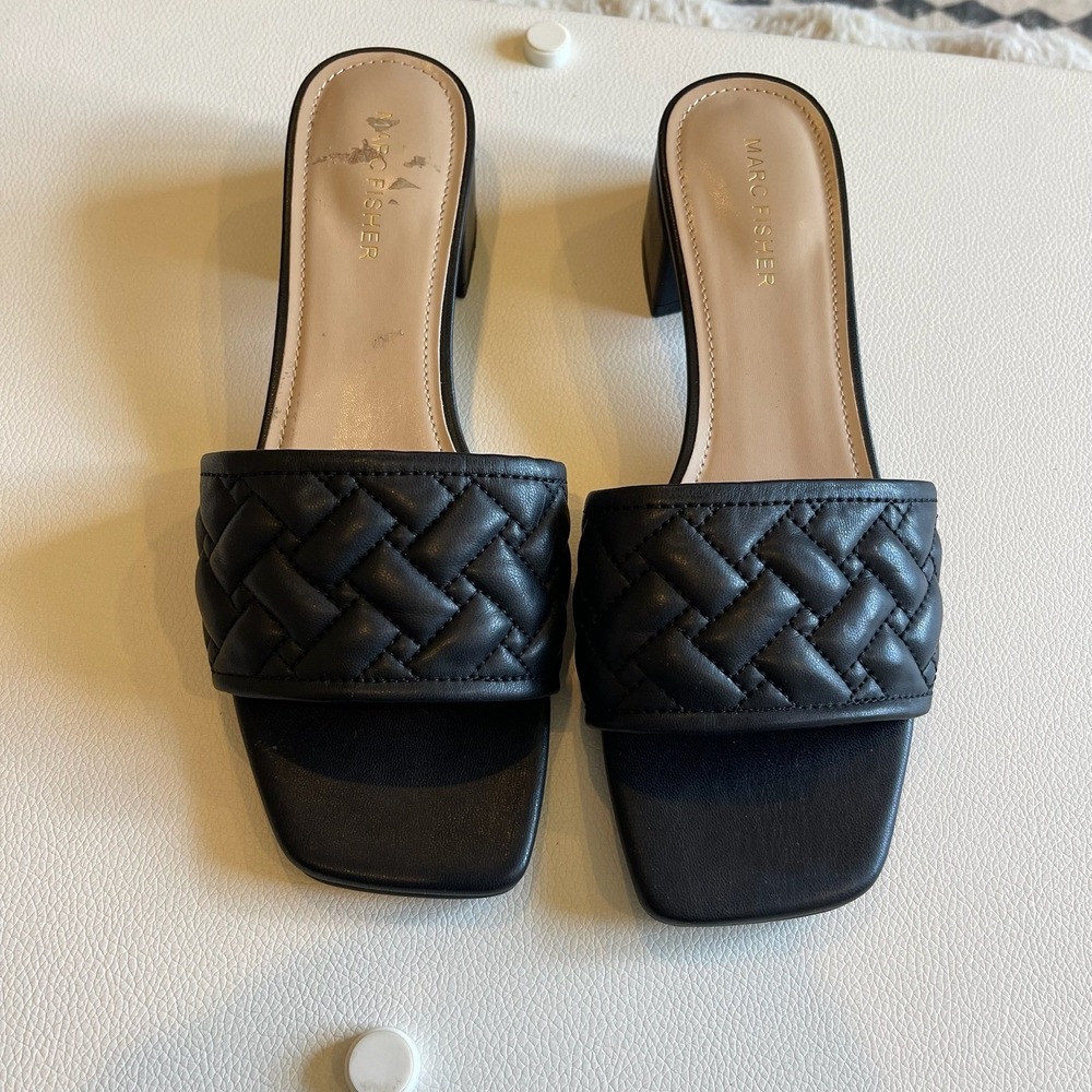 Marc Fisher Black Quilted Woven Square Toe Block Heel Slide Sandals Mens 8.5M - Picture 3 of 7
